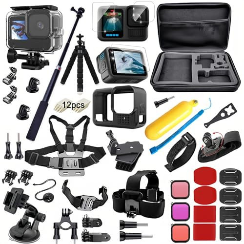 Verbessert Zubehör Set Bundle für GoPro Hero 13 Black Kit, Wasserdicht Schutzhülle Wasserdicht Gehäuse Schnorcheln Zubehör Fahrradhalterung Selfie-Stange Kopfgurt für GoPro Hero13 Go pro13 Schwarz