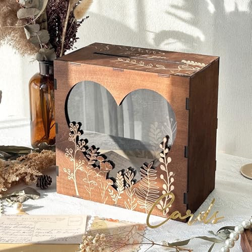 Fayavoo Wedding Card Box for Reception, Wooden with Heart Acrylic, Window Wedding Box for Cards and Money, Brown Envelope Money Gift Card Box for Anniversary Graduation Decor Baby Shower Birthday