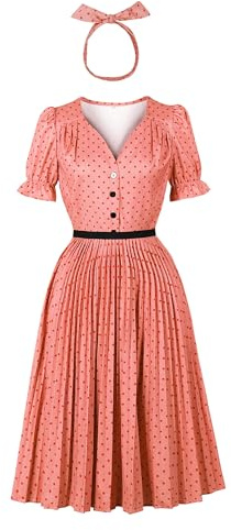 Wellwits Femmes Robe Cocktail Vintage à Pois et Volants Manches Bouffantes Plissée Rose L
