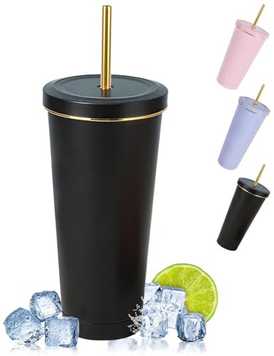 flintronic 750ML Mug de Voyage, Double Paroi Gobelet en Acier Inoxydable Isolation sous Vide Bouteille d'eau Isotherme Eau Tasse à Café, Tasse à Double Paroi avec Paille, brosse et Couvercle