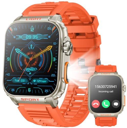 Montre Connectée Homme avec Appel Bluetooth: 1.91 Militaire Smartwatch avec Lampe de Poche LED Montre Fitness homme 100 Modes Sportif Moniteur de Sommeil Podometre Montre Intelligent pour Android iOS