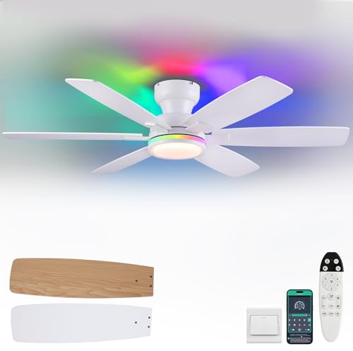 Kviflon Ventilador de techo 132 cm con luces RGB, montaje empotrado, control remoto y APP, 6 aspas reversibles dobles, luces regulables RGB+3CCT, doble pantalla para dormitorio, blanco