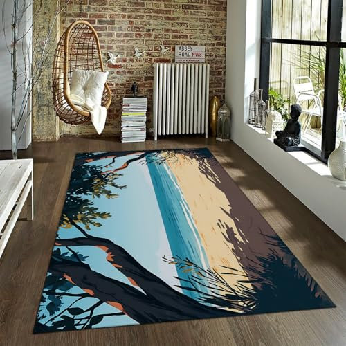 Simplistic Coastal Area Teppiche Ocean Beach mit tropischen Pflanzen Baum Akzent Teppich Modernes Cartoon Design Dünner Teppich für Wohnzimmer Dekor 90x120cm
