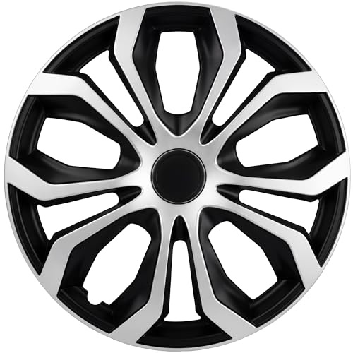 Upgrade4cars Tapacubos 14 Pulgadas Negro Plata Set de 4 Accesorios Coche | Embellecedores de Rueda Universales para Llantas de Acero & Plastico ABS | Fácil de usar y guardar