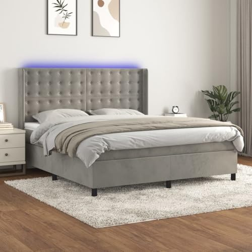 Owoxanthellate Boxspringbett 180x200 cm in Samt Hellgrau mit LED und Matratze Modernes Polsterbett Höhenverstellbares Kopfteil und Taschenfederkern für Schlafzimmer oder Gästezimmer