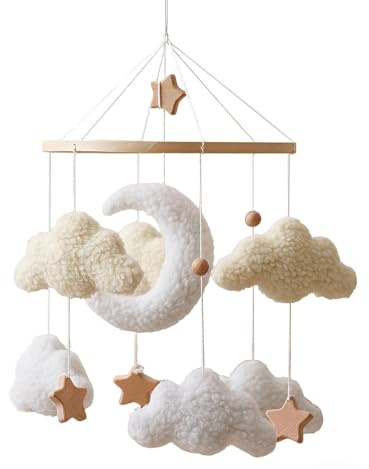 Kinderbett Mobile Wolke Aus Samt - Unisex Deko Für Wiege & Gitterbett | Plüschwolke Mit Holz-Sternen | Boho Kinderzimmer Dekoration Für & Mädchen | 45 X 23 Cm