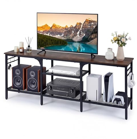CASART TV Stand for 65 Inch TVs, 3-Tier Metal Frame Entertainment Center with 4 Open Storage Shelves & Hooks, Industrial Console Table Media Stand for Living Room Bedroom
