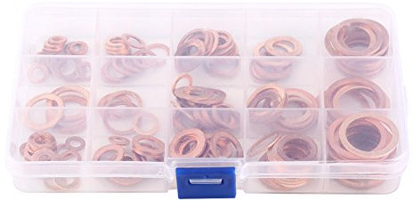 Rondelle piatte in rame insieme Ferramenta con una scatola in plastica