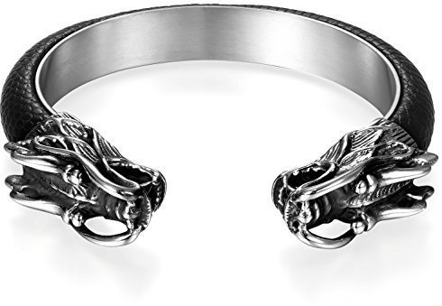 JewelryWe Schmuck Herren Armreif, Wikinger Gegenüber Drache Drachenkopf Biker Offen Armband Armspange, Edelstahl Leder, Schwarz Silber