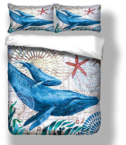 3D Tier Blau Schildkröte Karte Bettwäsche Set mit Reißverschluss, Luxus 2/3 Stück Kinder Mann Frau Wal Tintenfisch Polyester Bettbezug Set Winter Sommer (Wal, 135x200cm)