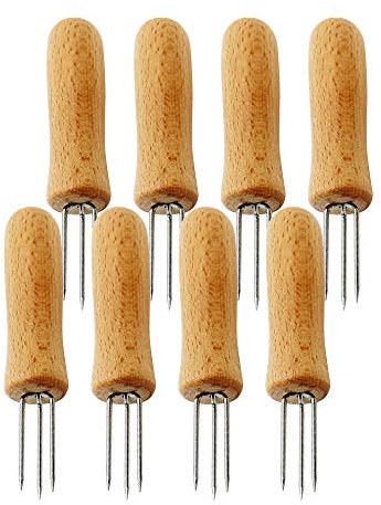 Sobotoo 8Pcs Corn Holders Stainless Steel Corn on The Cob Skewers Forks with Wooden Handle for BBQ Grill Food Prongs Skewers Forks Party