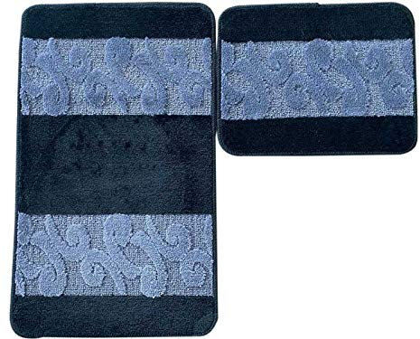 Euromat Badset Badgarnitur Badematten Rutschfester Badvorleger Badteppich Trangan Schwarz Grau- CF01, 2 TLG Set.: Badteppich: 45x75, WC Vorleger: 45x35 cm