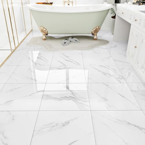 WESTICK 20 Pcs Bedroom Vinyl Flooring Peel and Stick White Marble Peel and Stick Floor Tile Waterproof Bathroom Sticky Tiles for Floor Self Adhesive Living Room Linoleum Flooring Sheets 12 x 12