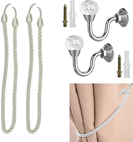 STCRERAG 2 PCS Kristall Wand Montiert Vorhang Holdbacks Metall Kristall Vorhanghalter Montage Raffhalter U Wandhaken Quaste Vorhang Raffhalter Haken Gardinenhalter Wand Silber für Rückhalte Gardinen