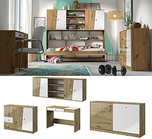 QMM Jugendzimmer Kinderzimmer komplett Neo Set C Kommode Schreibtisch Schrankbett horizontal Aufsatz Farbauswahl (Weiß Hochglanz)