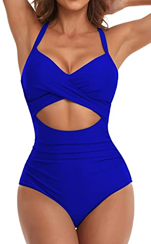 Eomenie Damen-Badeanzug, Einteiler, Bauchkontrolle, hohe Taille, Ausschnitt, Wickelband im Rücken, 1 Stück, Königsblau, Large
