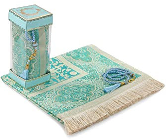Muslimische Gebetspuppteppich und Gebetsperlen mit eleganter Geschenkbox | Janamaz | Sajadah | Weicher islamischer Gebetsteppich | Islamische Geschenke Set | Gebets Teppichmatte, Taft Stoff, blau