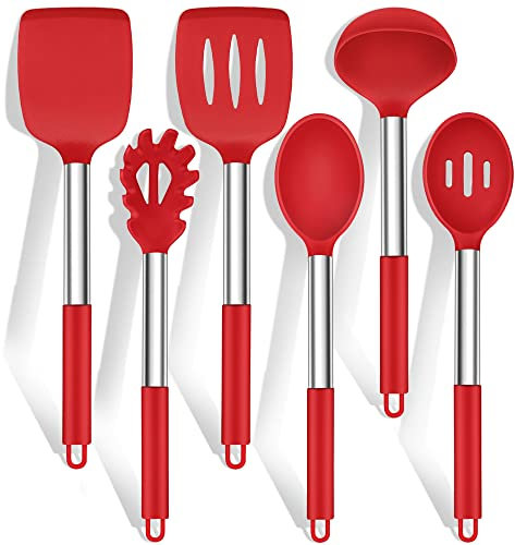 Küchenhelfer Set, HaWare 6 Stück Silikon Küchenutensilien Kochlöffel Set mit Edelstahlgriff, Antihaft Hitzebeständiger Kochutensilien Kochbesteck Set, Leicht zu Reinigen & Spülmaschinenfest - Rot