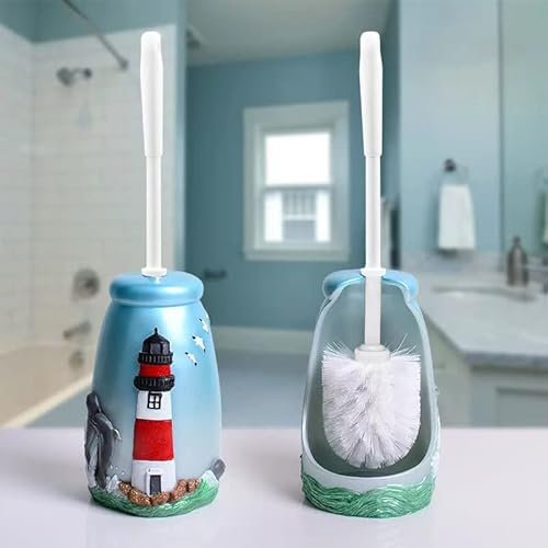 JIUJ Kompakte WC-Bürste Badezimmer Neuheit WC-Bürstenhalter Cartoon Leuchtturm Harz WC Schrubber Set, Blau