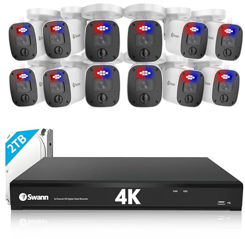 Swann Home DVR Enforcer Security Cam System with 2TB HDD, 16 Channel 12 Cam, 4K Video, Indoor or Outdoor Wired Surveillance CCTV, Color Night Vision, Heat Motion Detection, LED Lights, Sirens 16558012