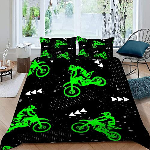 MOUPL 100% Mikrofaser Motocross Kinderbettwäsche 135x200 2teilig 3D Motorrad Bettwäsche mit Reißverschluss Weiche Warm Sommer Bettbezug mit Kissenbezug 80x80 cm für Jungen Mädchen