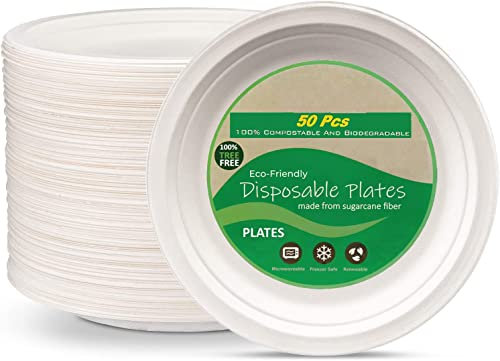 50Pack 9inch Party Plates Disposable Sugarcane Bagasse Plates - Heavy Duty, Oil and Water Resistant Microwaveable Freezer Safe and Reusable, Eco-Friendly, Biodegradable and Compostable