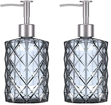 goldenwarm 330ml Seifenspender Glas Grau Seifenspender Küche mit Pumpenkopf aus Edelstahl für Küche Bad WC Spülmittelspender Küche für Duschgel Waschmittel Shampoo (Grau 2 Stück)