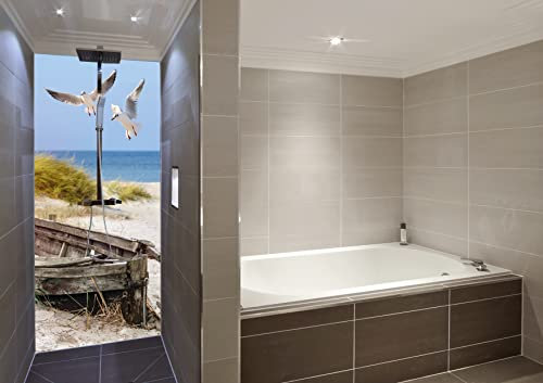 Schön und Wieder Duschrückwand | Motivrückwand | Spritzschutz aus 3mm Alu Verbundsplatte in 0,03x110x200cm mit Schutzfolienkaschierung Motiv Boot am Stand