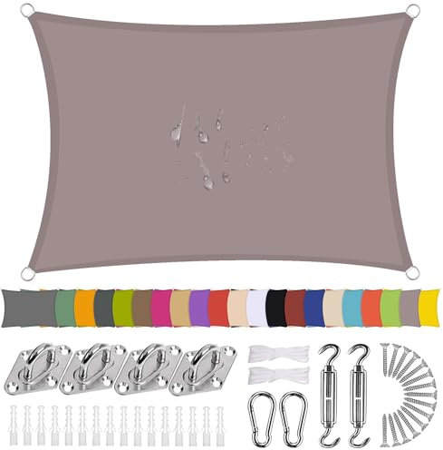 Sonnensegel Rechteck 3.5 x 6.5m Wasserdicht Sonnenschutz Balkon Terrasse mit Montagezubehör PES Polyester 98% UV-Schutz Reißfest Wetterfest für Garten Outdoor,Khaki