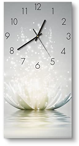DEQORI Glasuhr | horizontal 30x60 cm | Motiv Funkelnde Lotusblüte | große XXL Design Uhr aus Glas | leise Wanduhr für Wohnzimmer & Küche | moderne Hingucker Uhr für die Wand