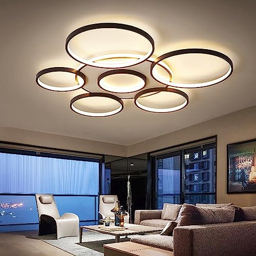 LED Deckenleuchte 106W Wohnzimmerlampe Dimmbar Deckenlampe Mit Fernbedienung Modern Deckenbeleuchtung Schlafzimmer Acryl Lampenschirm Aluminium Esszimmer Büro Braun Deckenlicht 7 Ringe Deckenstrahler