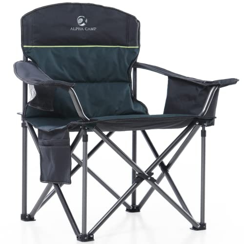 ALPHA CAMP Camping Chairs for Adults Folding Camping Chair Heavy Duty | Folding Chair Support 200 KG Oversized Padded Camp Chairs with Carry Bag and Cooler Bag Portable for Picnic Fishing(Green)