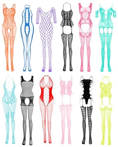 Lot de 12 bodys résille pour femme - Lingerie de nuit en dentelle - Fleurs - Pour date romantique - Noir