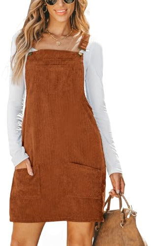 CUPSHE Damen Latzrock Quadratischer Ausschnitt Hosenträger Taschen Cord Latzkleid Overallkleid Freizeitkleider Corduroy Mini Dress Braun L