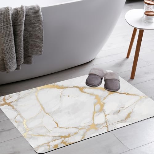 Mrcrypos Marble White Gold Bathroom Rug, 16x24, Non Slip, Quick Dry, Super Absorbent, Thin, Washable, Bathmats for Bathroom Sink Shower Toilet, 40x60cm (Rectangular), White, Gold