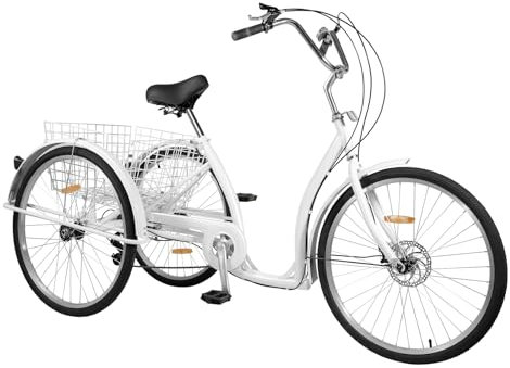 KEESUNG 26 Zoll Erwachsene Dreirad, 6-Gang 3 Räder Fahrrad Senioren Dreirad mit Einkaufskorb Weiß Dreirad für Erwachsene City Tricycle Fahrrad für Menschen mit Einer Höhe von 5.41-6.07ft