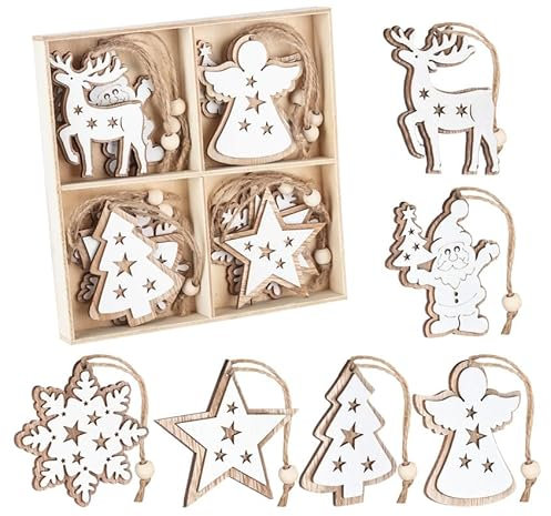 Weihnachtsdeko Holz,12er Weihnachtsbaumschmuck Holz für Christmas Decorations&Christbaumschmuck&Weihnachtsbaum Deko,mit 6 Stile, je 2,mit Schnur,ca.7-7.5cm