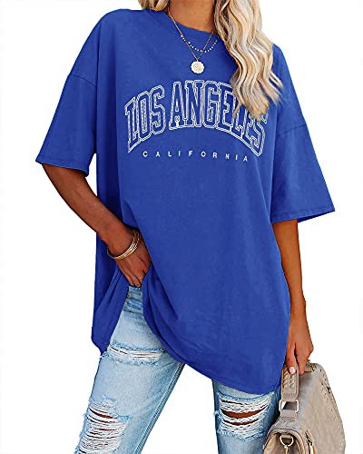 Ebifin Oversize T Shirt Damen Vintage Kurzärmeliges Rundhals Los Angeles Oberteile Tops Casual Lockere Basic Sommer Tee Shirts Bluse.Blau.S