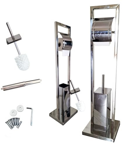 MAKA Portasciugamani da Terra in Metallo Argento Cromato Lucido Piantana da Bagno Con Bracci Portarotolo Carta Igienica Porta Scopino Toilette Moderno Regolabile Alluminio (Rotolo-Scopino)