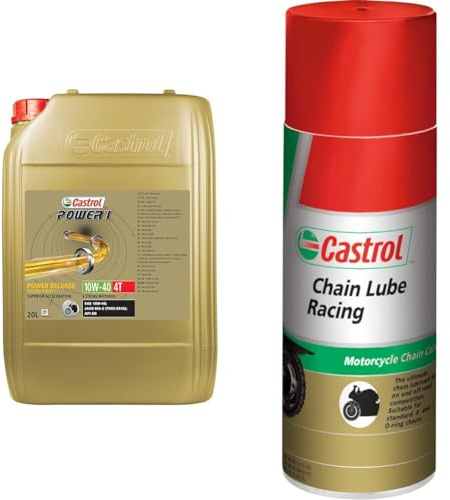 Castrol Bundle | Castrol POWER1 4T 10W-40 4-Takt Motoröl, 20L + Castrol Chain Lube Racing Hochleistungskettenspray, 400 ML