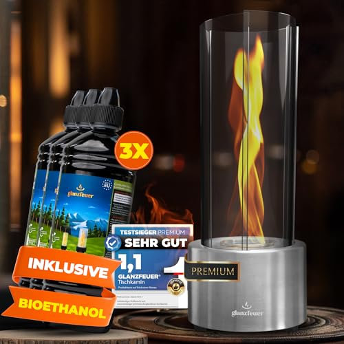 Glanzfeuer Bioethanol Tischkamin Outdoor & Indoor inkl. Bioethanol - Extra Lange Brenndauer mit Wirbelflamme - Tischfeuer Deko - Tisch Kamin Feuer Feuersäule - Garten & Deko Geschenk