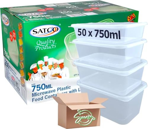 Sucasa Plastic Food Takeaway Heavy Duty Satco Plastic Containers with Lids 50x750ml | Durable Microwavable | Heavy Duty | Takeaway | Reusable & Disposable