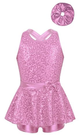 inlzdz Paillettes Body da Pattinaggio Artistico Bambina Senza Maniche Strass Leotards Danza Classica Abito da Ballo Ballerina Jazz Samba Salsa Dancewear Rosa A 7-8 Anni