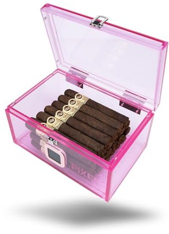 Pixel Cartel Zigarren-Humidor-Box aus Acryl mit digitalem Hygrometer, rosa Farbe, Zigarrengeschenke für Damen und Herren, für ca. 15–20 Zigarren