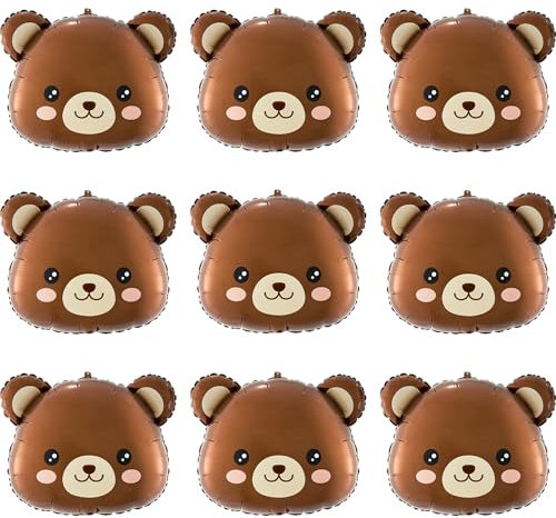 Finypa Folienballons in Form eines braunen Bärenkopfs, 9 Stück, für Babyparty-Dekorationen, Tiergeburtstagsfeier, Dschungel-Mottoparty-Zubehör