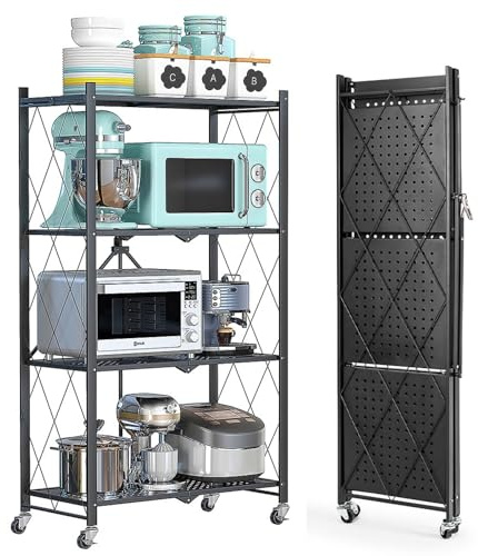 HomeMiYN Klappbares Regal mit Rollen 4 Etagen, Standregal, Klappbares Metallregal Schwarz 71x34x121cm, Standregal für Küche Wohnzimmer Büro, Frühjahrsangebot Frühjahrsreinigung Platzsparer