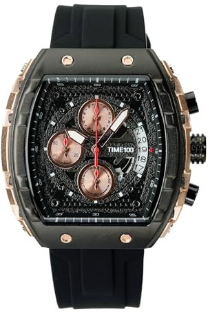 TIME100 Orologio Cronografo Uomo Quadrato con Calendario, Stile Punk, Quadrante Luminiscente, Cinturino in Silicone Regolabile, Cassa in Acciaio Inossidabile, Resistente all'Acqua 30M（Nero/Oro）