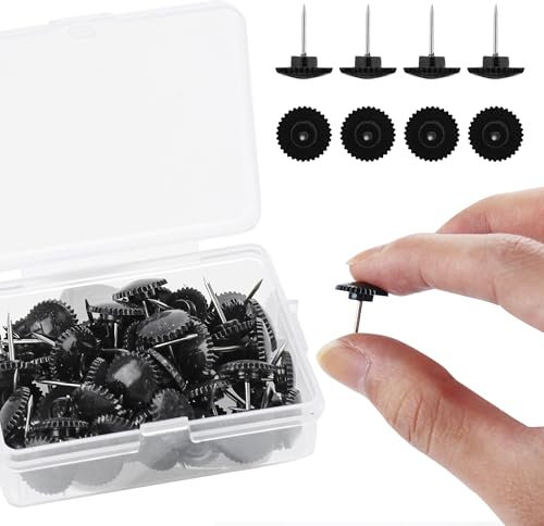 Reißzwecken, 50 Stück Schwarze Reißzwecken, Länge 11mm Pinnwandnadeln mit Aufbewahrungsbox, Zahnradförmige Reißnägel Kunststoff für Wandbehänge, Reißzwecken für Karten, Poster, Fotos