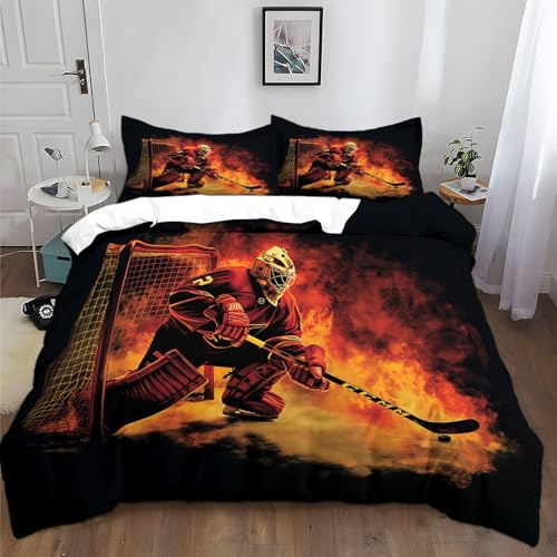 XCQHZYQ Bettwäsche 200x200 cm Eishockey-Torwart Schwarz Bettwäsche Set Baumwolle Polyester Warm Bettbezug 3er Set Deckenbezug mit Reißverschluss und 2 Kissenbezug 80x80 cm