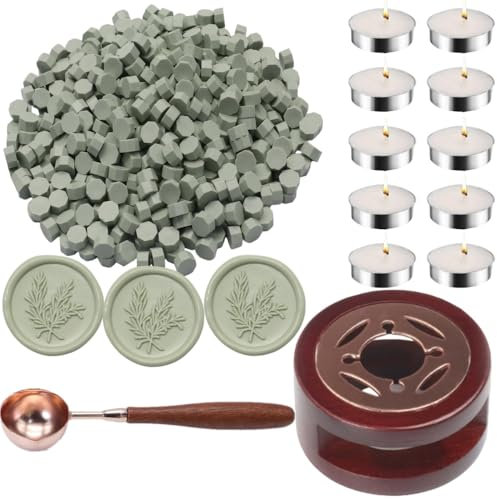 Wax Sealing Beads, Atopbb 300pcs Sage green Wax Sealing Beads, 1pcs Wooden WaxSeal Warmer, 1pcs Melted Spoon and 10pcs Tea Candles for WaxSealing Stamp Kit (Sage green)